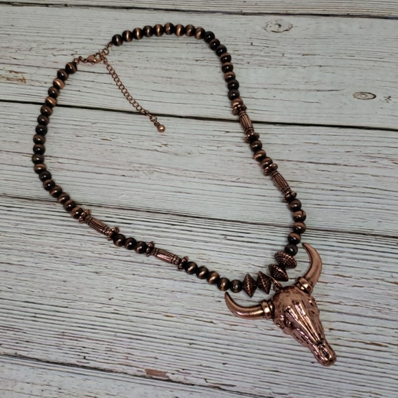 Steer Longhorn Skull Copper Necklace - Picture 2 of 2